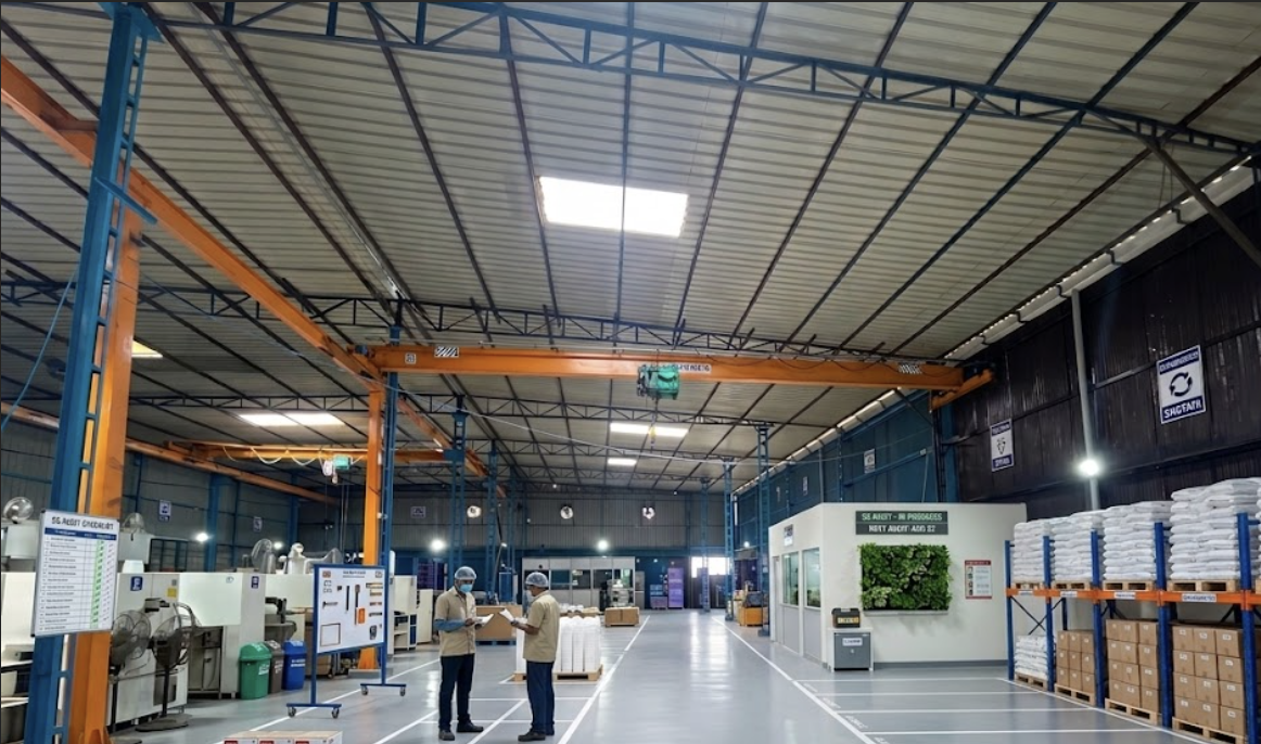 Wide-span production hall with overhead crane, moulding machines and racked material storage