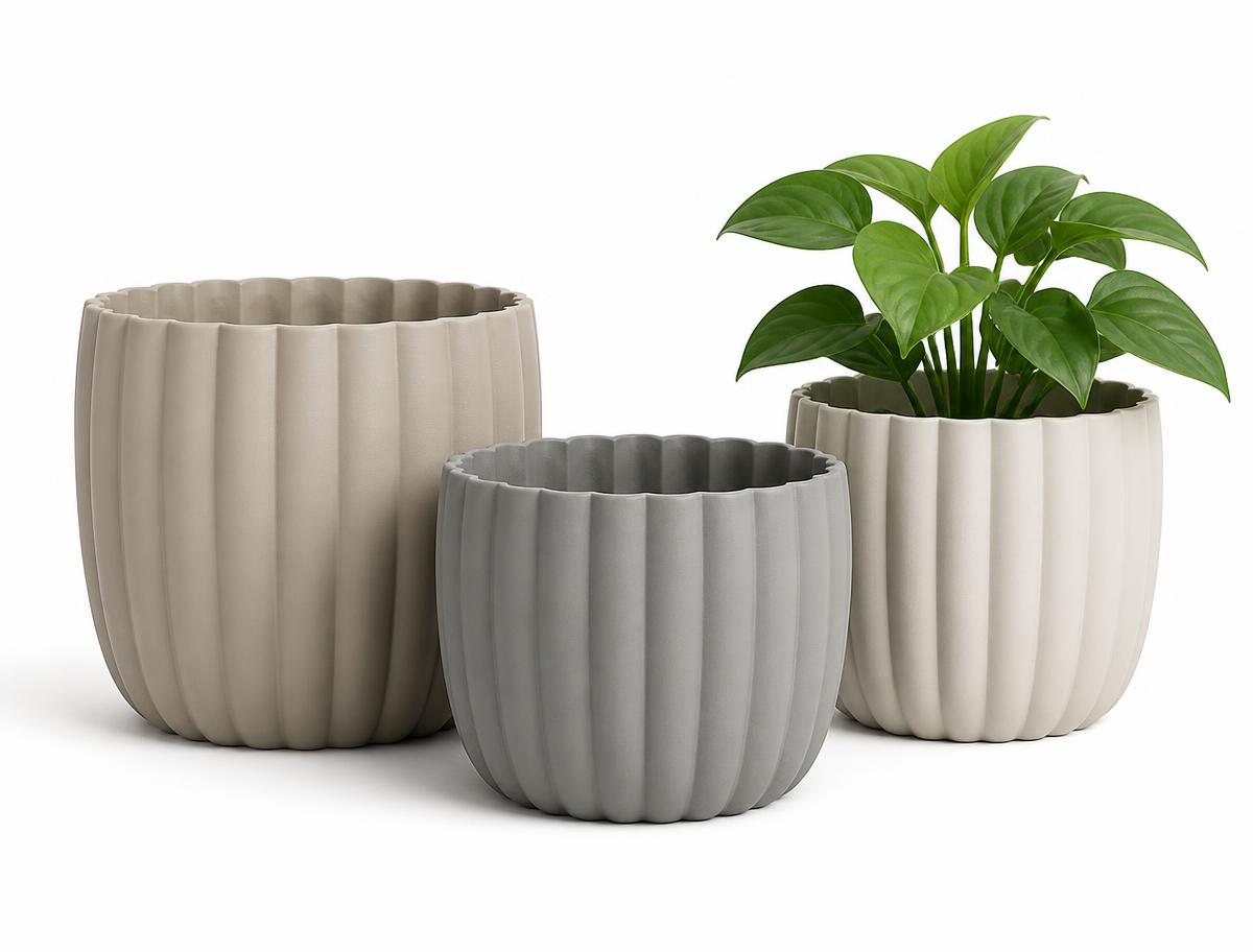 Moulded designer planters in neutral finishes